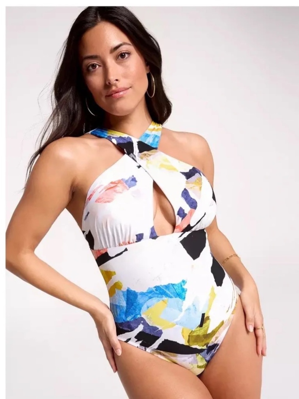 NWT CALIA Cutout Halter One Piece Swimsuit Collage Pure White Size 8